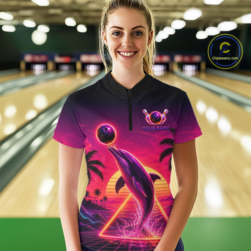 Custom Tropical Sunset Dolphin Bowling Shirt Funny Bowling Jersey