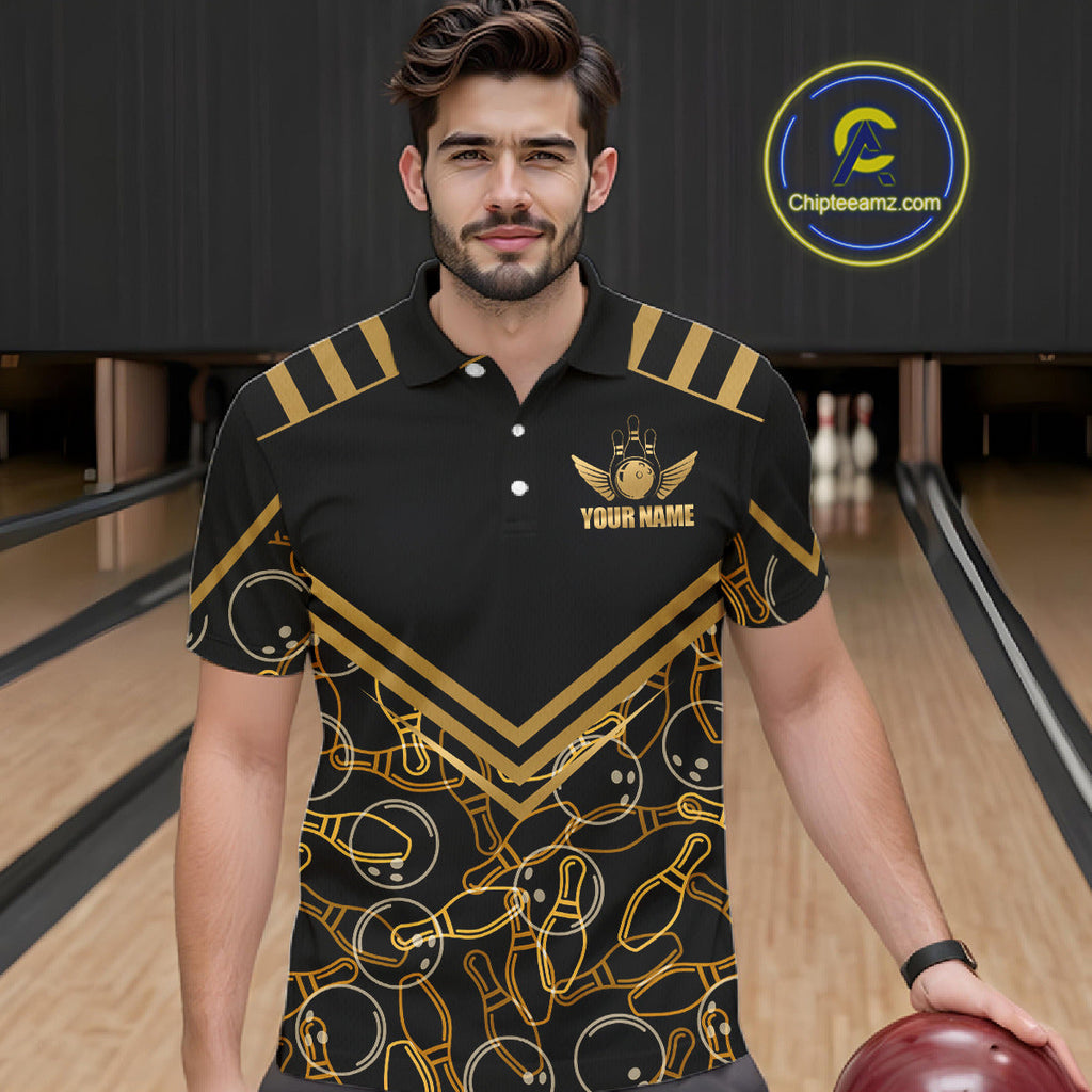 Custom Black & Gold Bowling Pattern Shirt Bowling Team Jersey Polo & 1/4 Zip Bowling Outfit