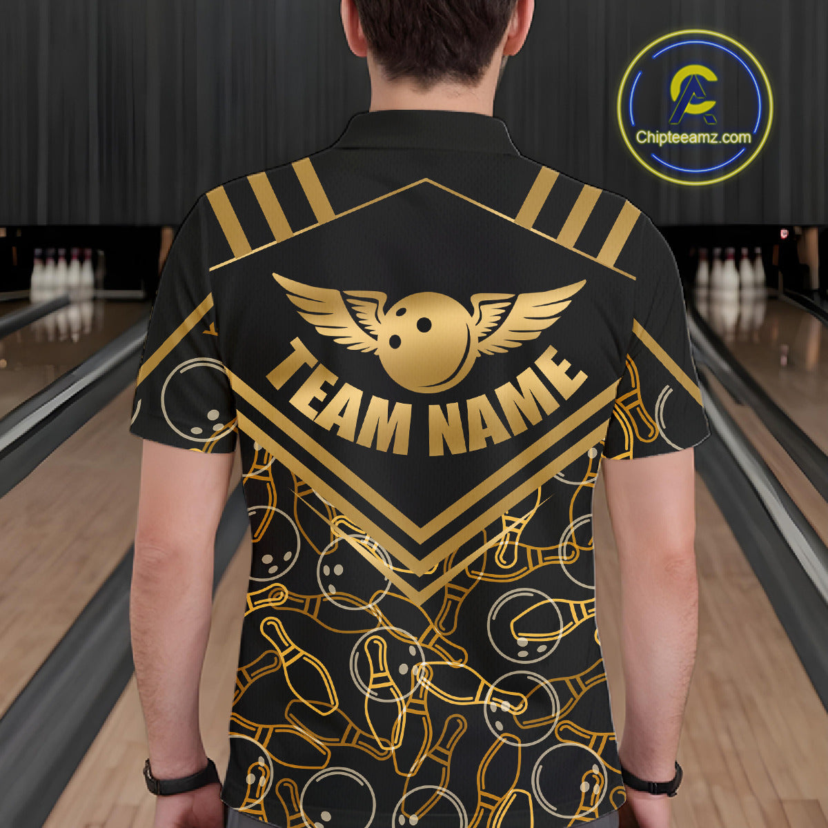 Custom Black & Gold Bowling Pattern Shirt Bowling Team Jersey Polo & 1/4 Zip Bowling Outfit