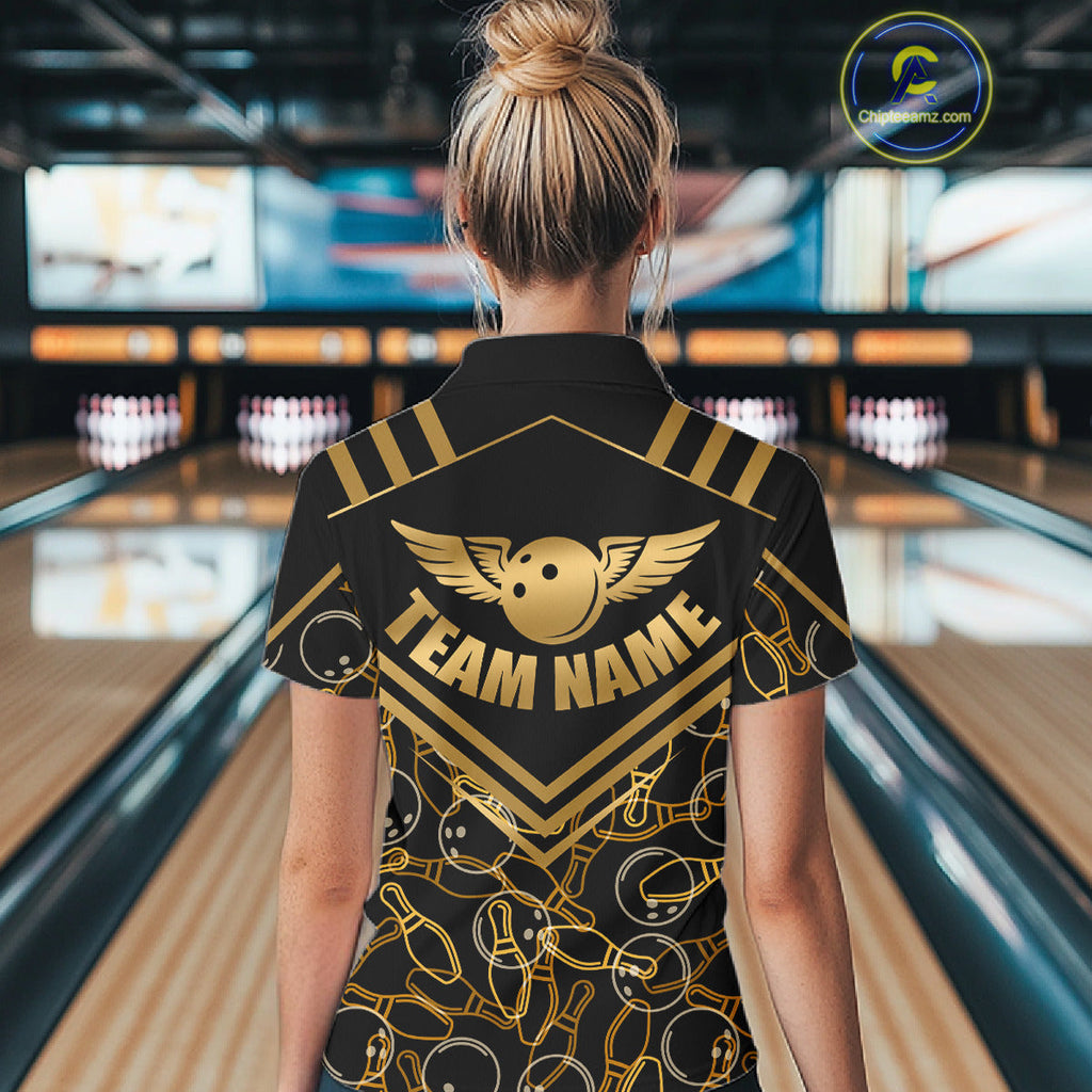 Custom Black & Gold Bowling Pattern Shirt Bowling Team Jersey Polo & 1/4 Zip Bowling Outfit