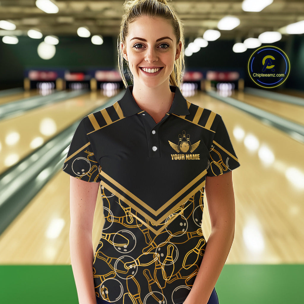 Custom Black & Gold Bowling Pattern Shirt Bowling Team Jersey Polo & 1/4 Zip Bowling Outfit