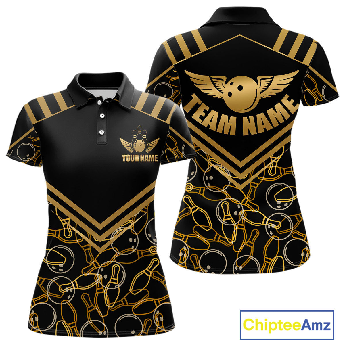 Custom Black & Gold Bowling Pattern Shirt Bowling Team Jersey Polo & 1/4 Zip Bowling Outfit