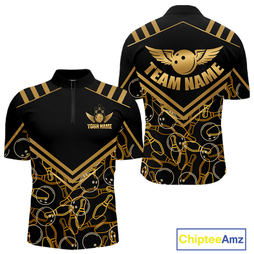 Custom Black & Gold Bowling Pattern Shirt Bowling Team Jersey Polo & 1/4 Zip Bowling Outfit