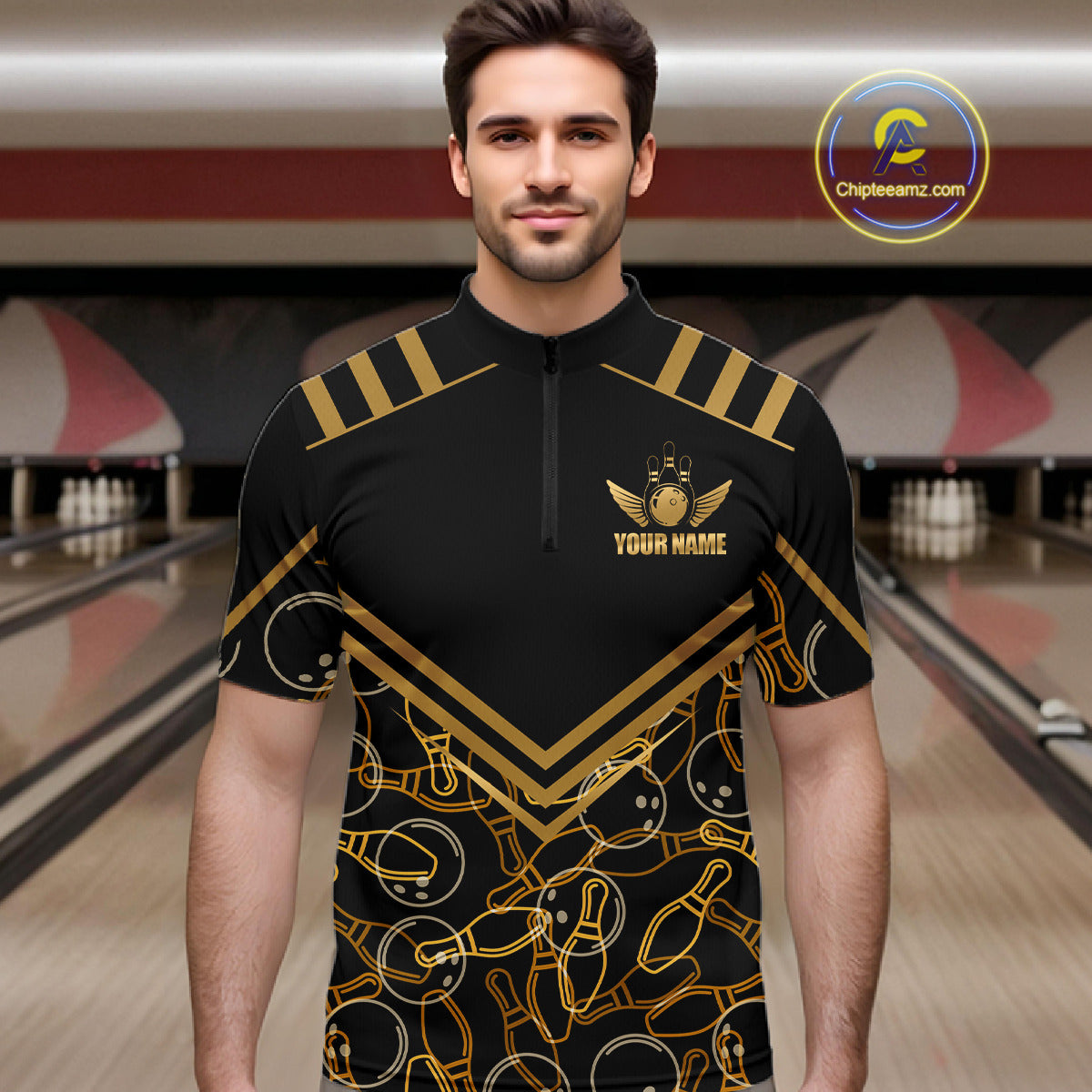 Custom Black & Gold Bowling Pattern Shirt Bowling Team Jersey Polo & 1/4 Zip Bowling Outfit