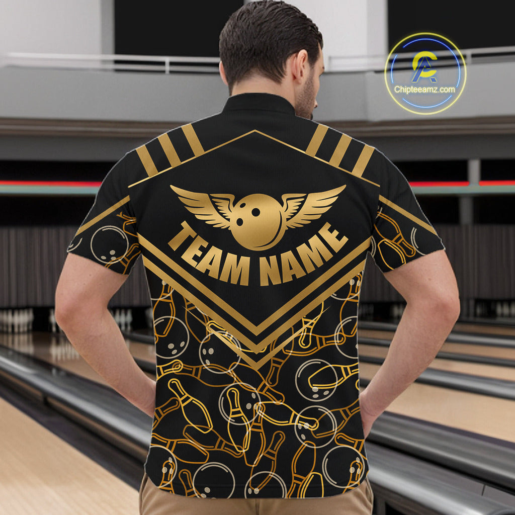 Custom Black & Gold Bowling Pattern Shirt Bowling Team Jersey Polo & 1/4 Zip Bowling Outfit