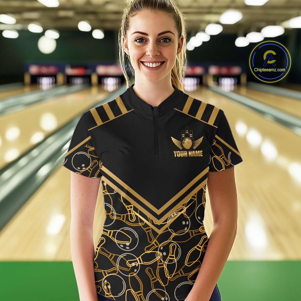 Custom Black & Gold Bowling Pattern Shirt Bowling Team Jersey Polo & 1/4 Zip Bowling Outfit