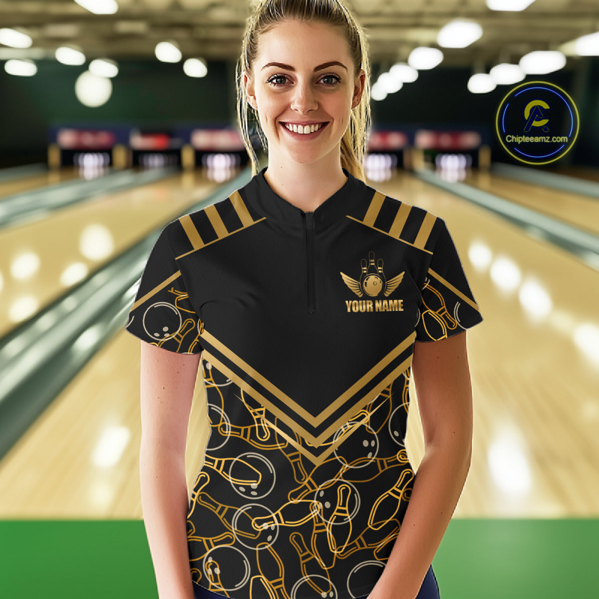 Custom Black & Gold Bowling Pattern Shirt Bowling Team Jersey Polo & 1/4 Zip Bowling Outfit