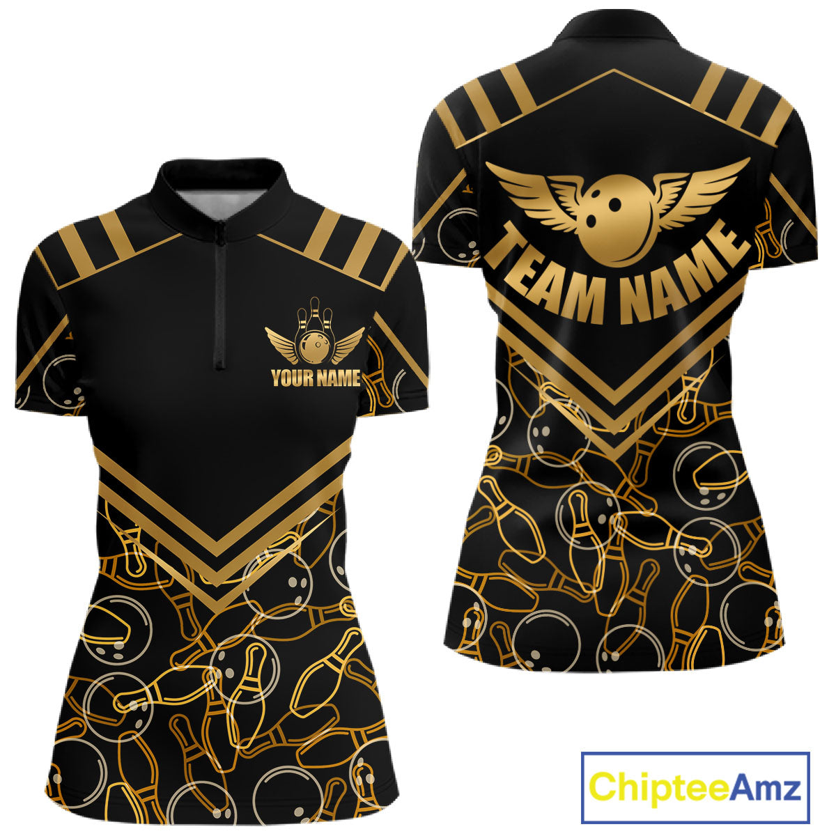 Custom Black & Gold Bowling Pattern Shirt Bowling Team Jersey Polo & 1/4 Zip Bowling Outfit