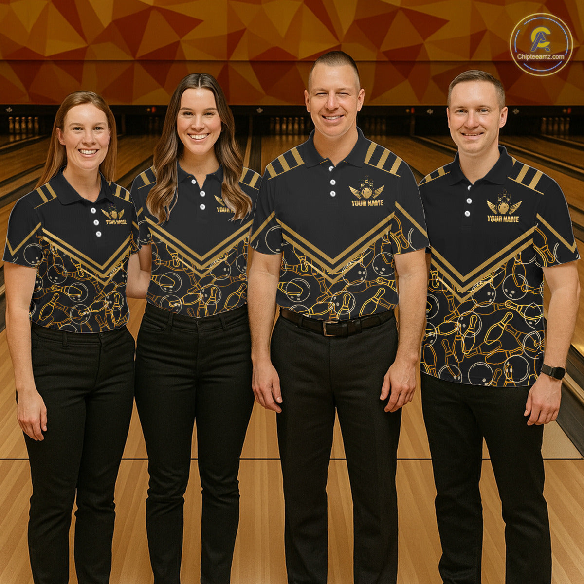 Custom Black & Gold Bowling Pattern Shirt Bowling Team Jersey Polo & 1/4 Zip Bowling Outfit