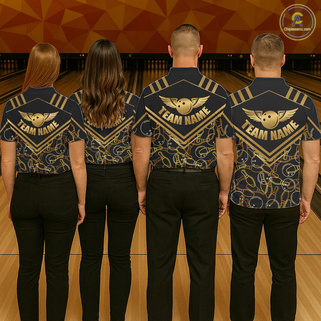 Custom Black & Gold Bowling Pattern Shirt Bowling Team Jersey Polo & 1/4 Zip Bowling Outfit