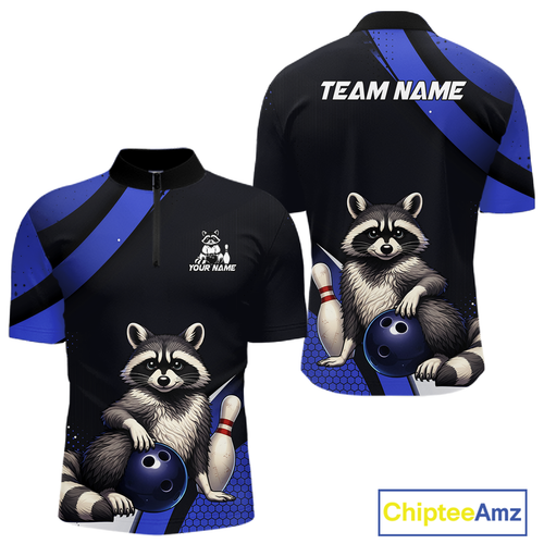 Custom Blue Ugly Raccoon Bowling Shirt Bowling League Polo & Quarter-Zip Gift