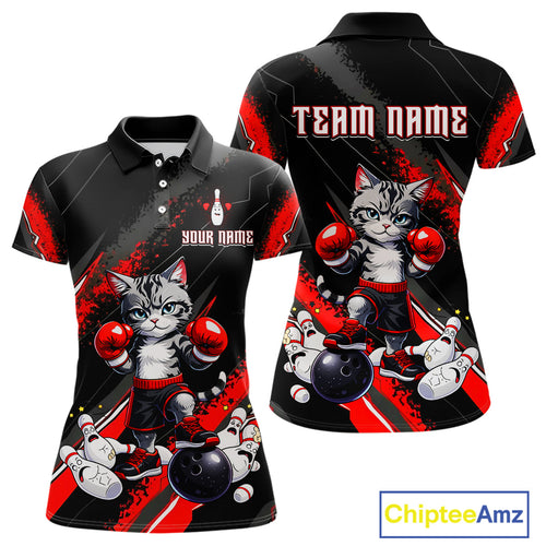 Funny Red Cat Bowling Team Jersey Personalized Polo & 1/4 Zip Shirt Bowling League