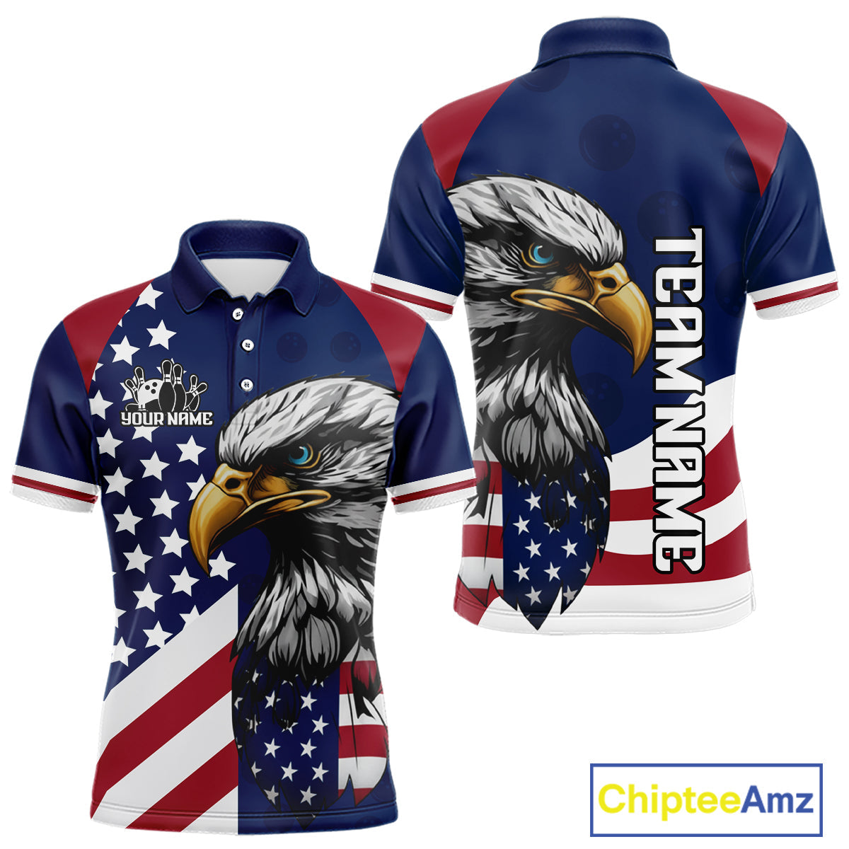 Custom US Flag Eagle Bowling Team Shirt Bowling League Jersey Polo & Quarter-Zip