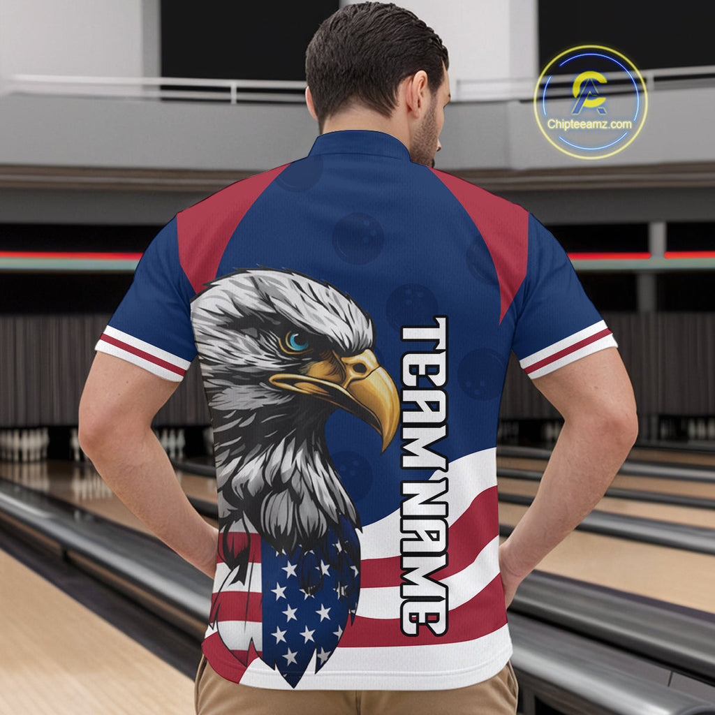 Custom US Flag Eagle Bowling Team Shirt Bowling League Jersey Polo & Quarter-Zip
