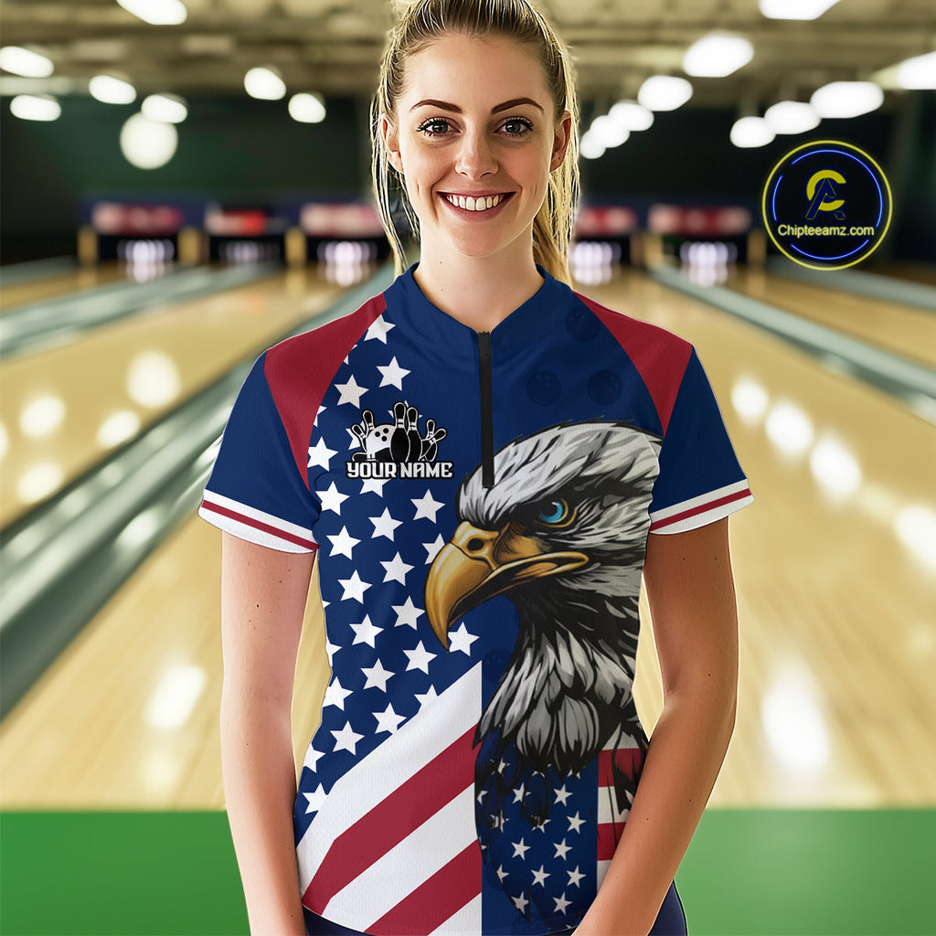 Custom US Flag Eagle Bowling Team Shirt Bowling League Jersey Polo & Quarter-Zip