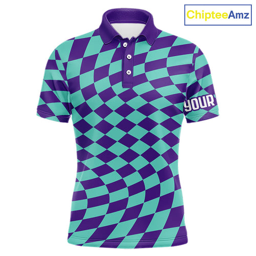 Plaid Golf Polo Shirt Custom Purple & Blue Checkerboard Argyle Pattern Golf Shirts