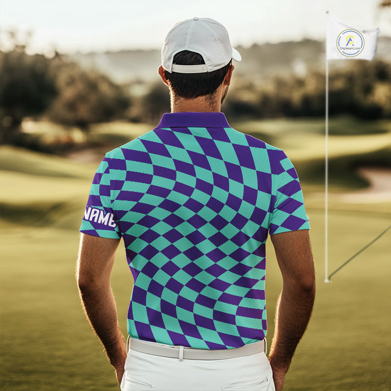 Plaid Golf Polo Shirt Custom Purple & Blue Checkerboard Argyle Pattern Golf Shirts