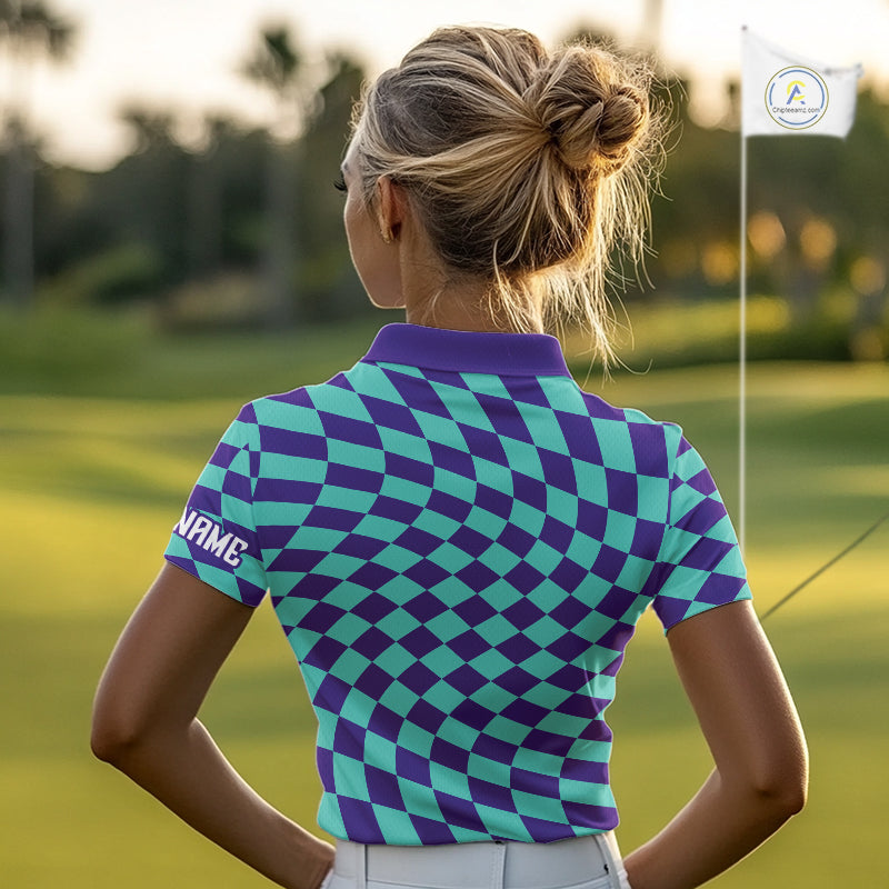 Plaid Golf Polo Shirt Custom Purple & Blue Checkerboard Argyle Pattern Golf Shirts