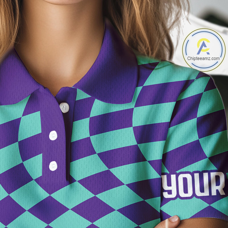 Plaid Golf Polo Shirt Custom Purple & Blue Checkerboard Argyle Pattern Golf Shirts