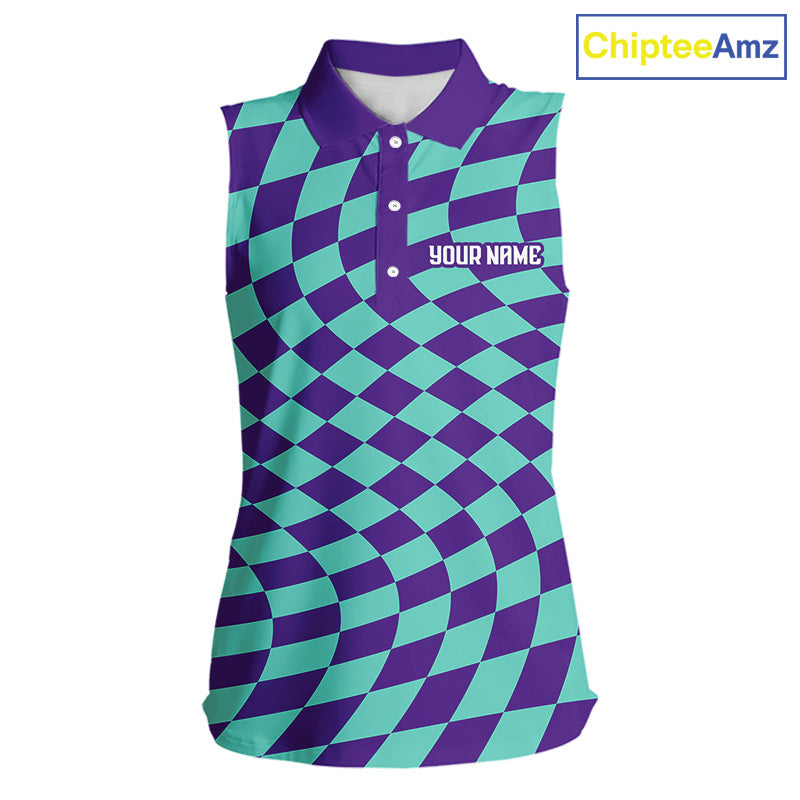 Plaid Sleeveless Golf Polo Shirts Custom Purple & Blue Checkerboard Argyle Pattern Golf Shirt