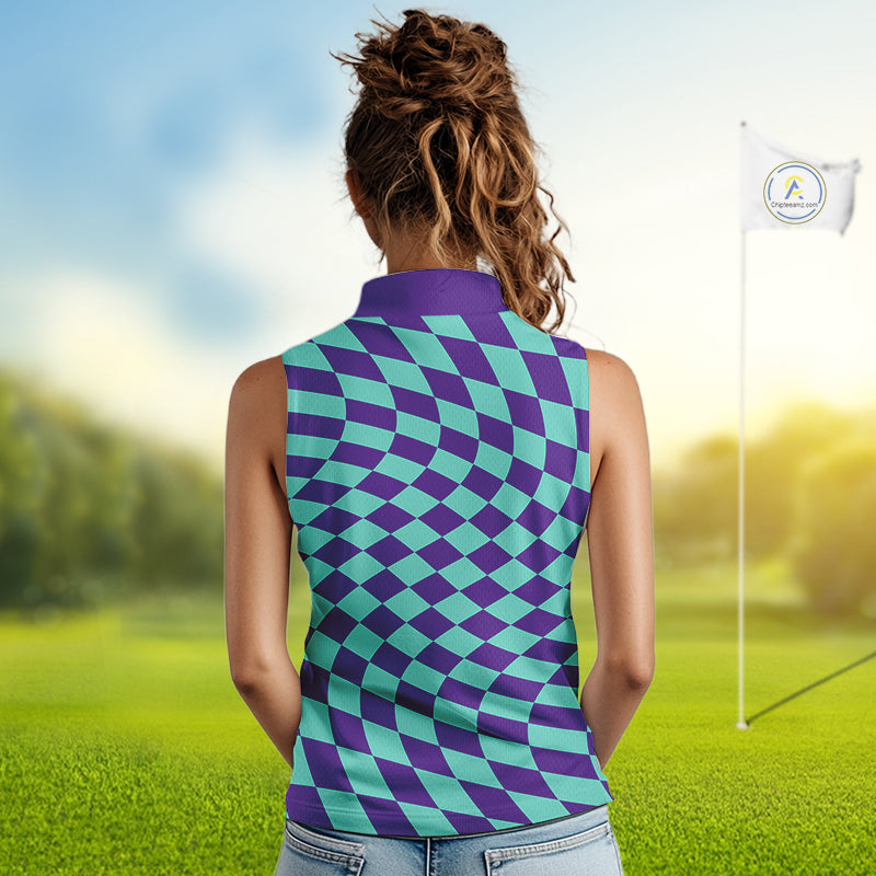 Plaid Sleeveless Golf Polo Shirts Custom Purple & Blue Checkerboard Argyle Pattern Golf Shirt