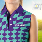 Plaid Sleeveless Golf Polo Shirts Custom Purple & Blue Checkerboard Argyle Pattern Golf Shirt