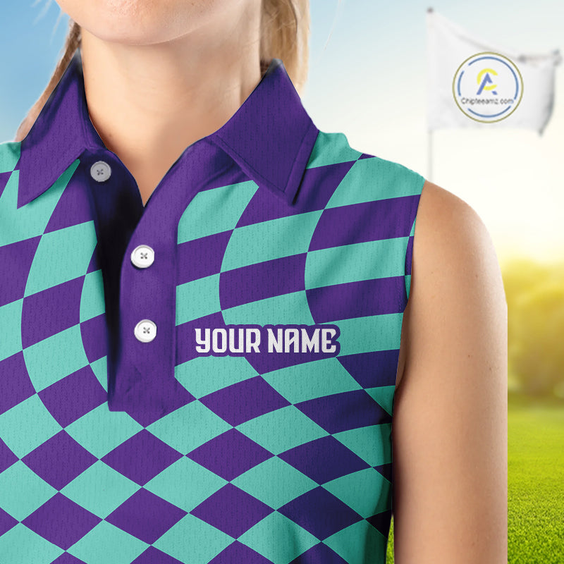 Plaid Sleeveless Golf Polo Shirts Custom Purple & Blue Checkerboard Argyle Pattern Golf Shirt