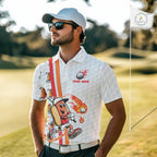 Funny Golf Polo Shirt Custom Orange And White Fire Flame Hot Dog Pattern White Golf Shirts
