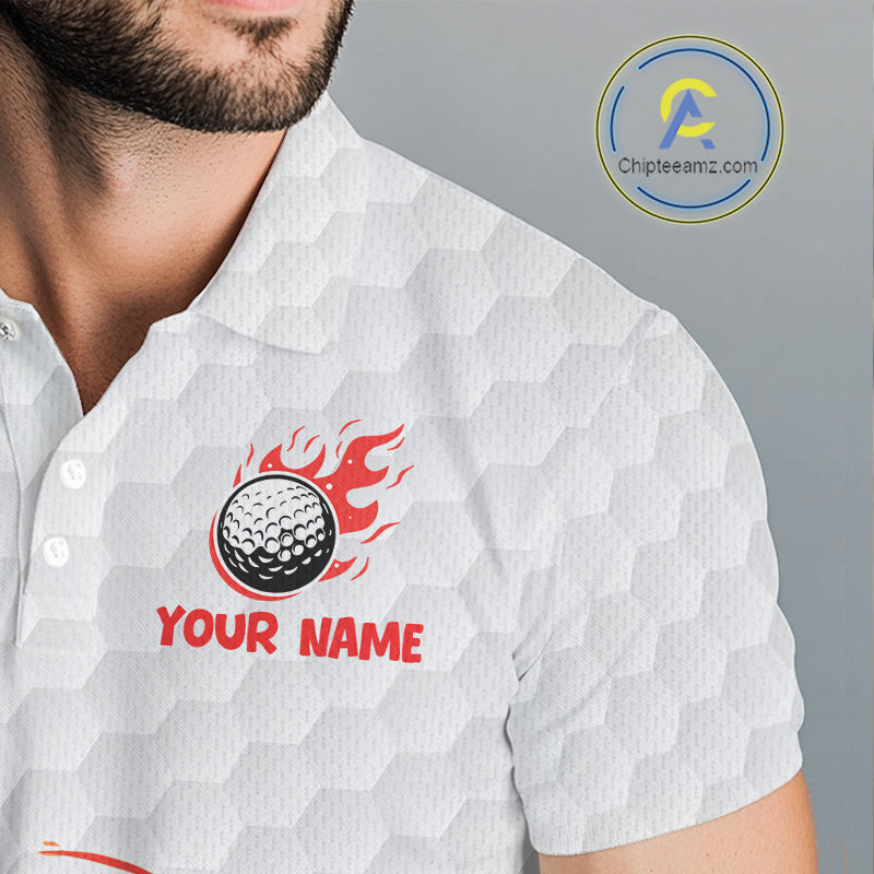 Funny Golf Polo Shirt Custom Orange And White Fire Flame Hot Dog Pattern White Golf Shirts