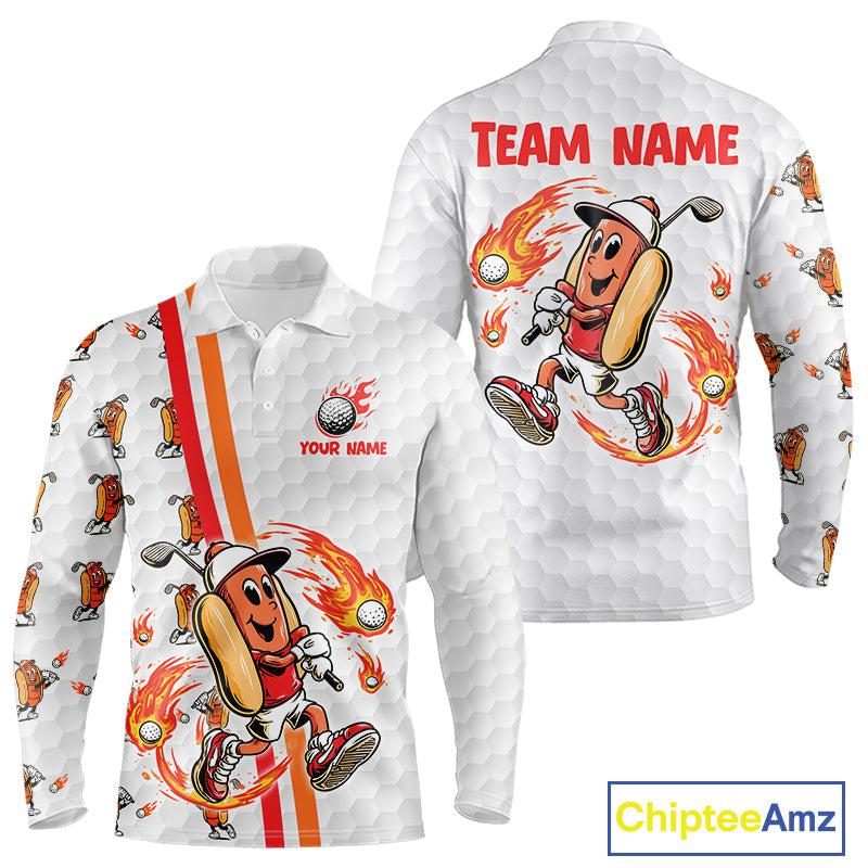 Funny Long Sleeve Polo Golf Shirts Custom Orange & White Fire Flame Hot Dog Pattern White Golf Shirts