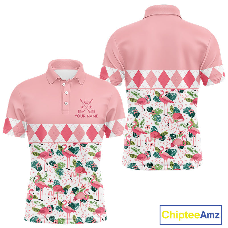 Flamingo Argyle Pattern Golf Polo Shirt Funny Floral Custom Golf Shirt Unique Golfer Gift Apparel