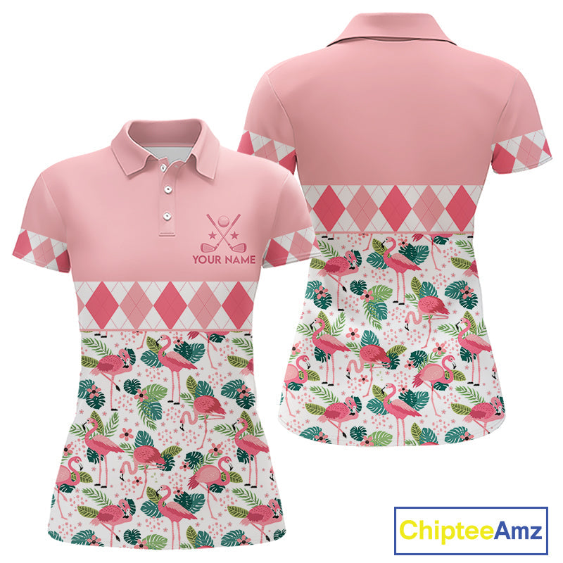 Flamingo Argyle Pattern Golf Polo Shirt Funny Floral Custom Golf Shirt Unique Golfer Gift Apparel