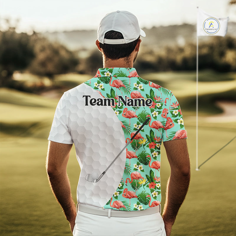Custom Golf Polo Shirt Green Tropical Pink Flamingo Pattern Personalized Team Golf Top
