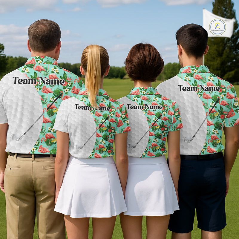 Custom Golf Polo Shirt Green Tropical Pink Flamingo Pattern Personalized Team Golf Top