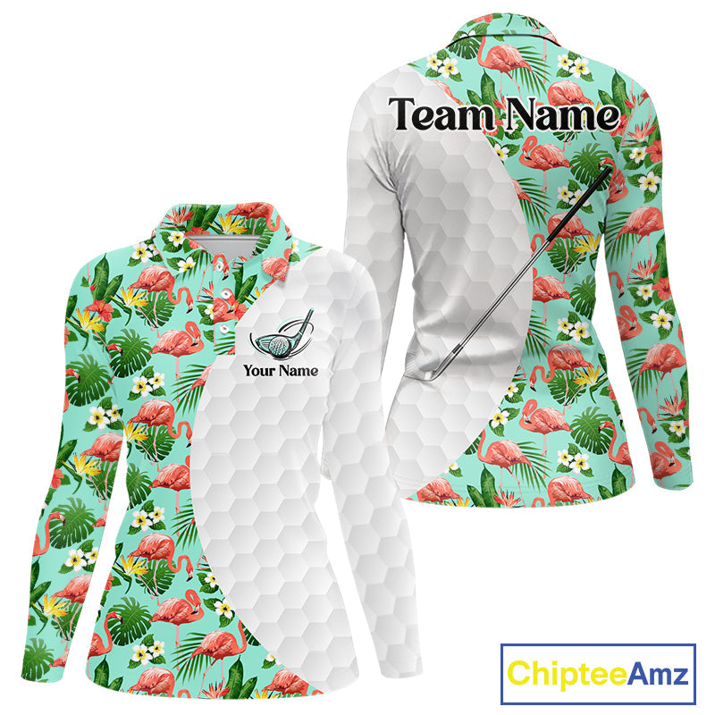 Long Sleeve Golf Polos Shirts Custom Green Tropical Flamingo Pattern Personalized Golf Gifts