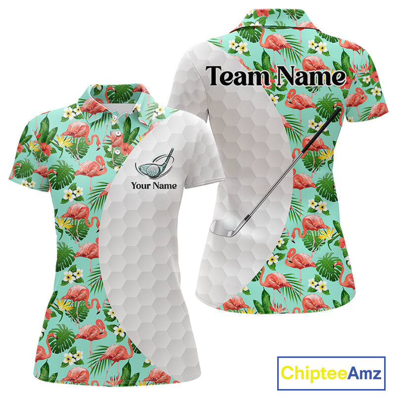 Custom Golf Polo Shirt, Green Tropical Pink Flamingo Pattern Personalized Golf Top