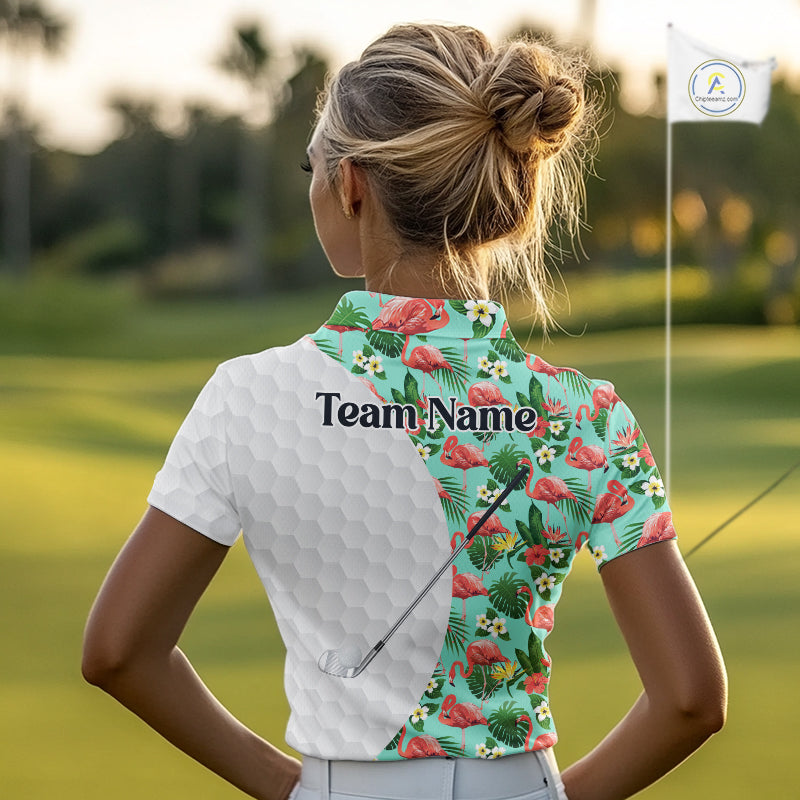 Custom Golf Polo Shirt, Green Tropical Pink Flamingo Pattern Personalized Golf Top