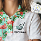 Custom Golf Polo Shirt, Green Tropical Pink Flamingo Pattern Personalized Golf Top