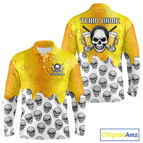 Beer Skull Long Sleeve Golf Polo Shirt Custom Name Funny Team Golf Tops, Golf Gifts