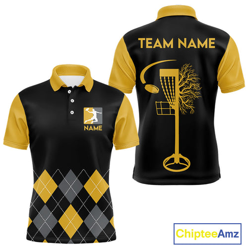 Argyle Pattern Disc Golf Polo Shirt Yellow Disc Golf Basket Quarter Zip With Custom Name & Number