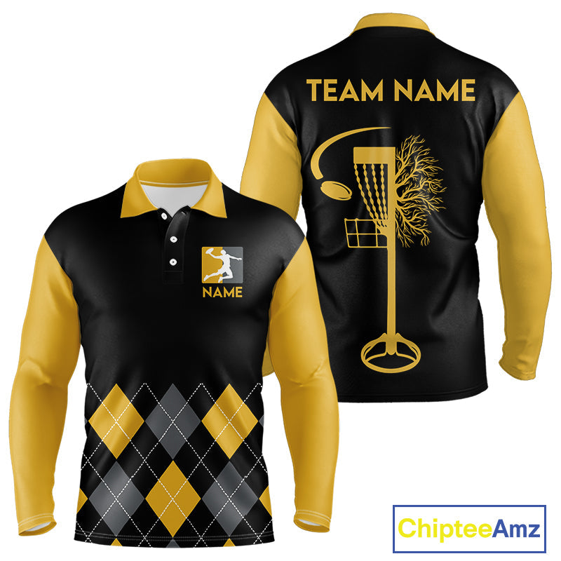 Argyle Pattern Disc Golf Polo Shirt Yellow Disc Golf Basket Quarter Zip With Custom Name & Number