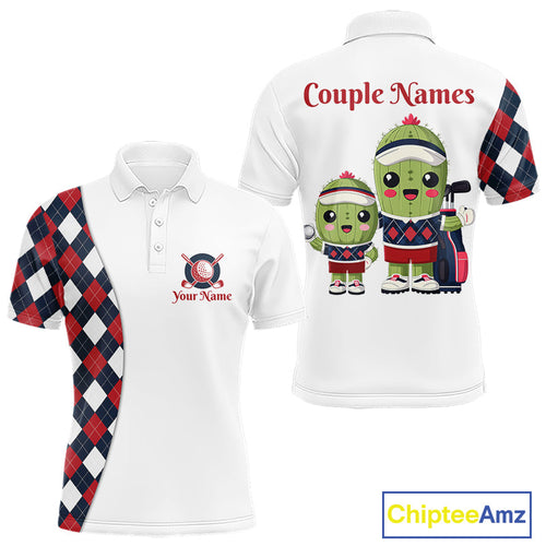 Matching Golf Polo Shirts for Couples Custom Red & Blue Argyle Pattern Golf Ball Cactus Golf Shirts