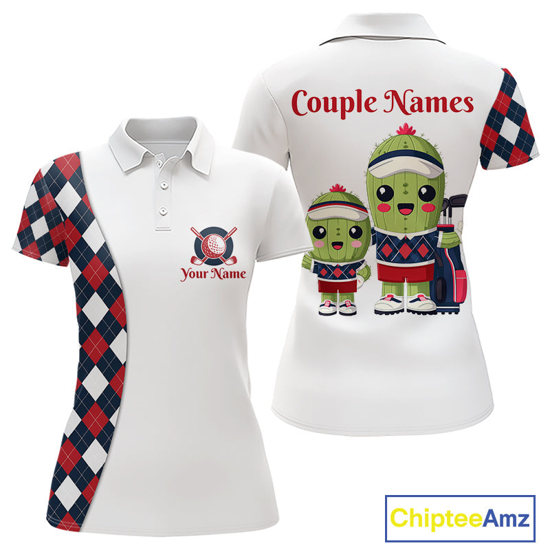 Matching Golf Polo Shirts For Couples Custom Red and Blue Argyle Pattern Golf Ball Cactus Golf Shirts