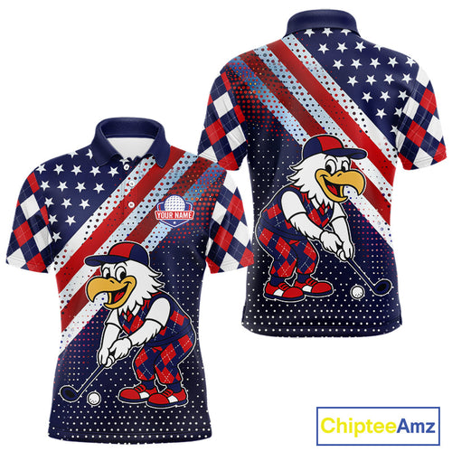Funny American Flag Eagle Golf Polo Shirts Patriotic Red & Blue Argyle Pattern Golf Ball Custom