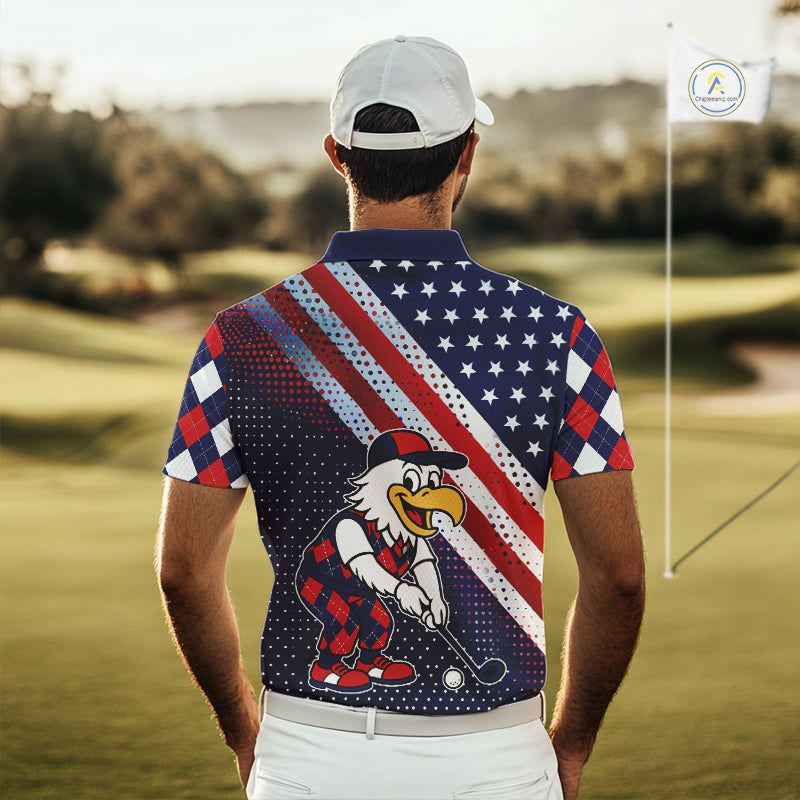 Funny American Flag Eagle Golf Polo Shirts Patriotic Red & Blue Argyle Pattern Golf Ball Custom