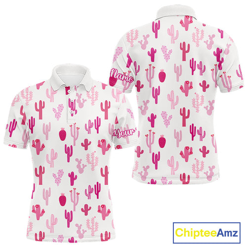 Funny Pink Cactus Pattern Golf Polo Shirts Custom Cactus Golf Attire, Golfer Gift