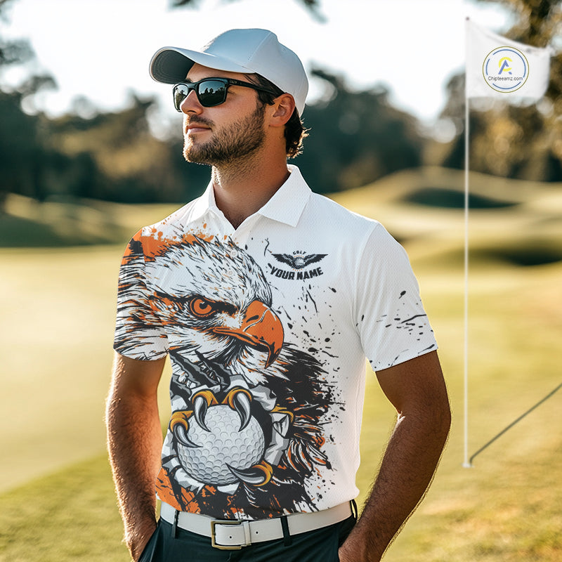 Custom Golf Polo Shirt Orange & White Grunge Ripped Eagle Grasping Golf Ball Golf Apparel