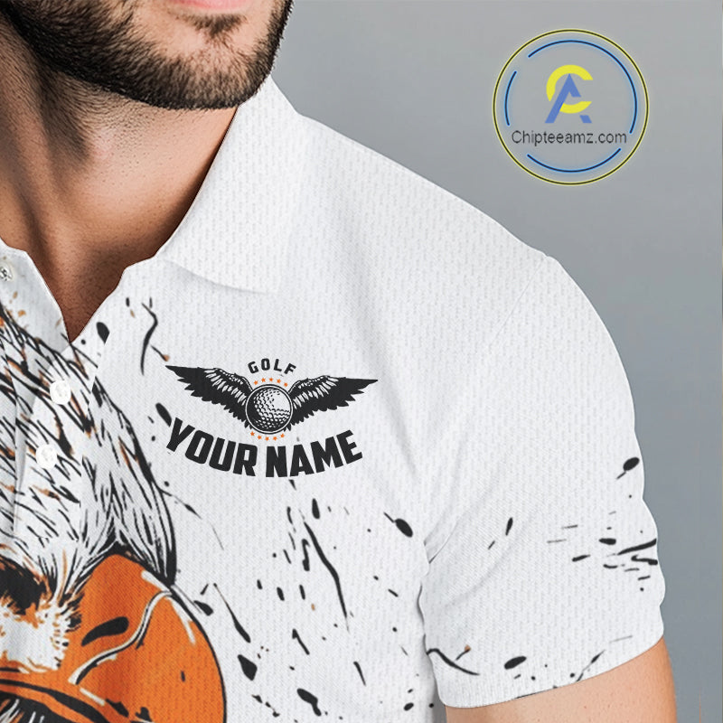 Custom Golf Polo Shirt Orange & White Grunge Ripped Eagle Grasping Golf Ball Golf Apparel