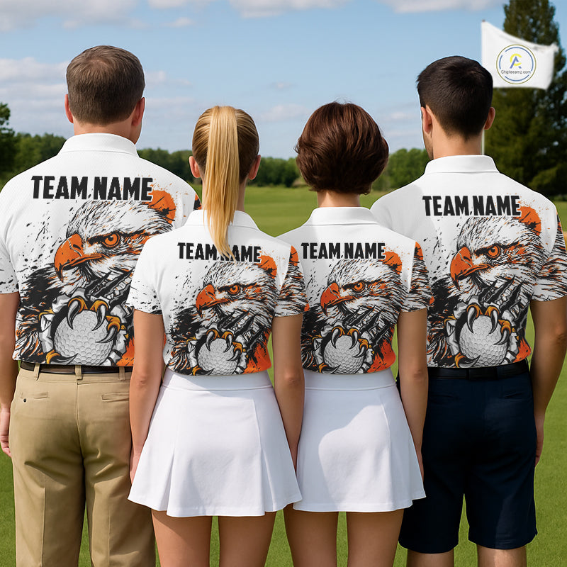 Custom Golf Polo Shirt Orange & White Grunge Ripped Eagle Grasping Golf Ball Golf Apparel