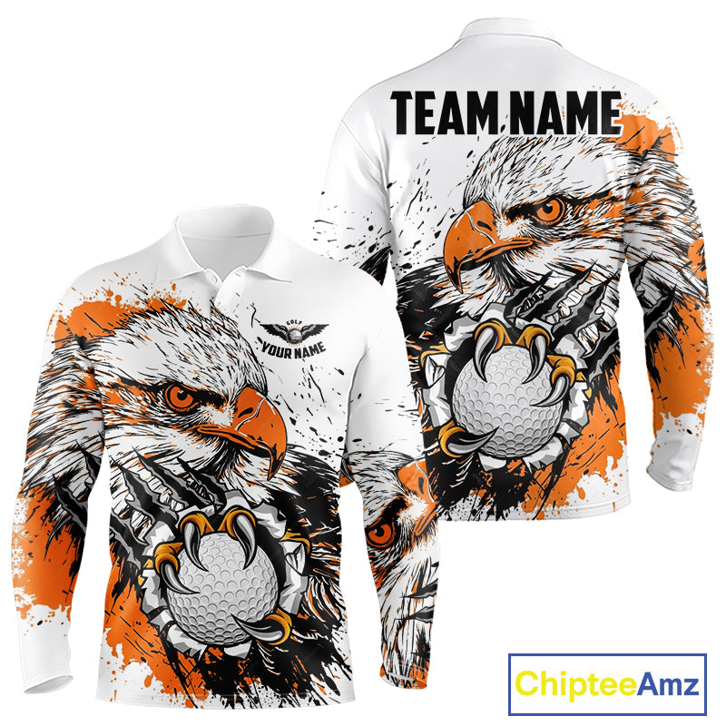 Long Sleeve Golf Polo Shirt Custom Orange And White Grunge Eagle Grasping Golf Ball, Golf Gifts